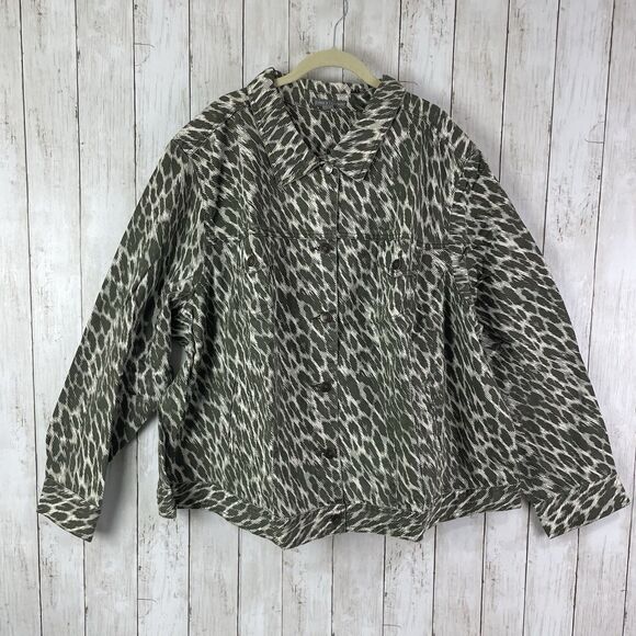 Jessica London Denim Jacket Women’s Sz 32W  Olive Green Cream Print - NEW - Picture 1 of 11